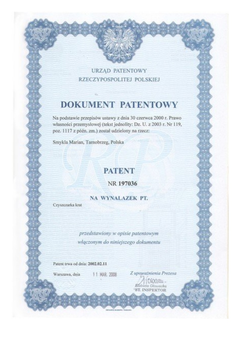 Patent nr 197036: Czyszczarka krat