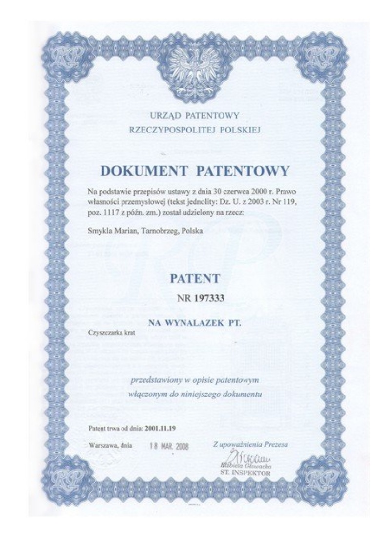 Patent nr 197333: Czyszczarka krat