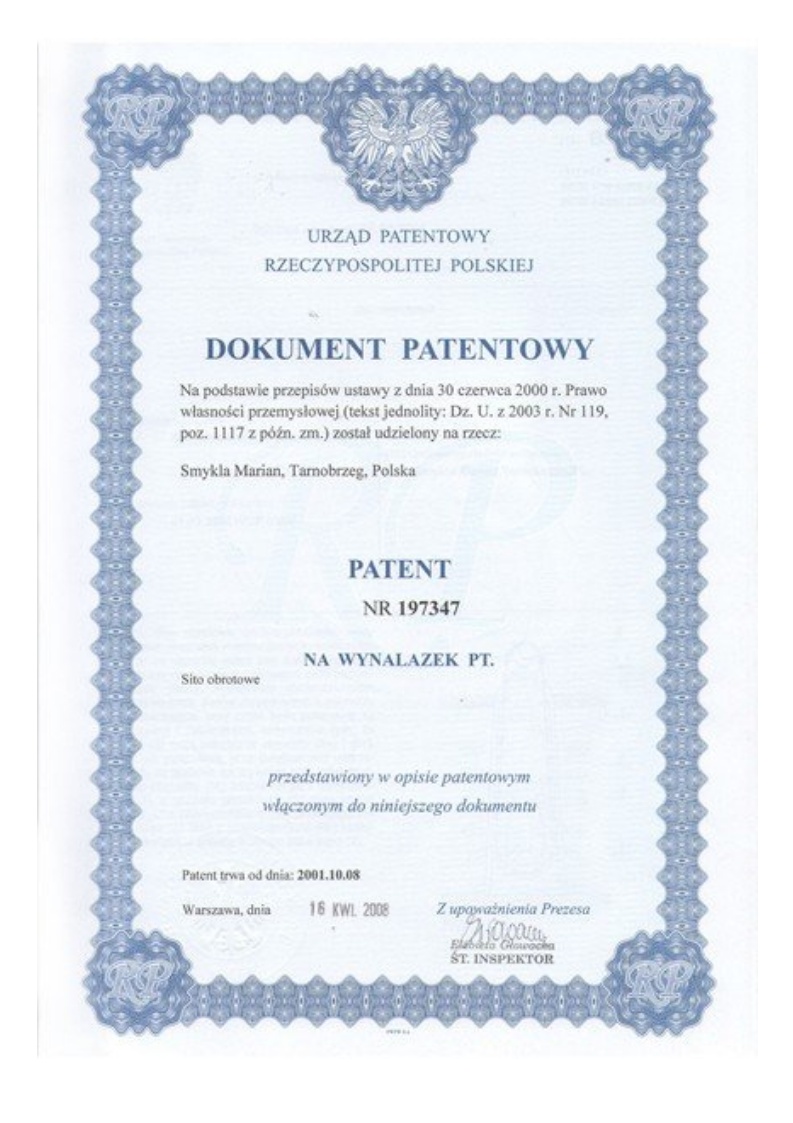 Patent nr 197347: Sito obrotowe