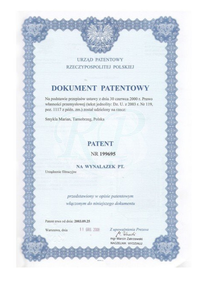 Patent nr 199695: Urządzenie filtracyjne