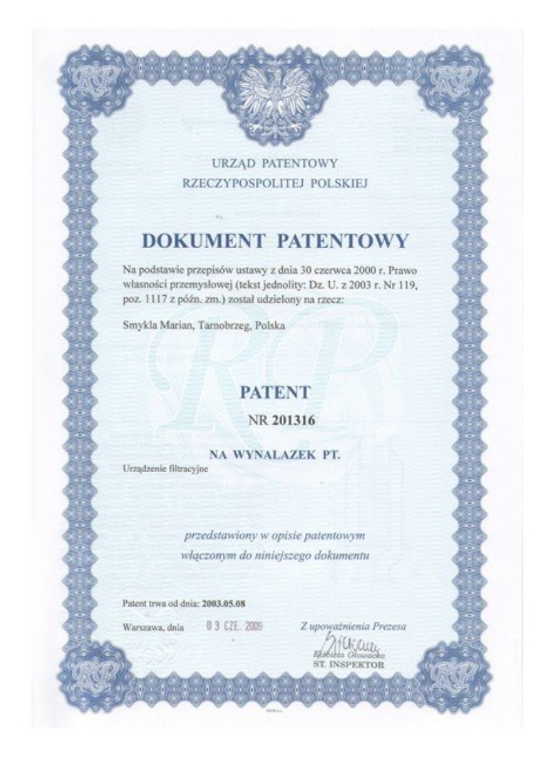 Patent nr 201316: Urządzenie filtracyjne