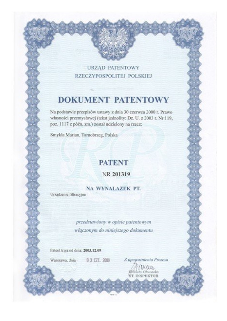 Patent nr 201319: Urządzenie filtracyjne