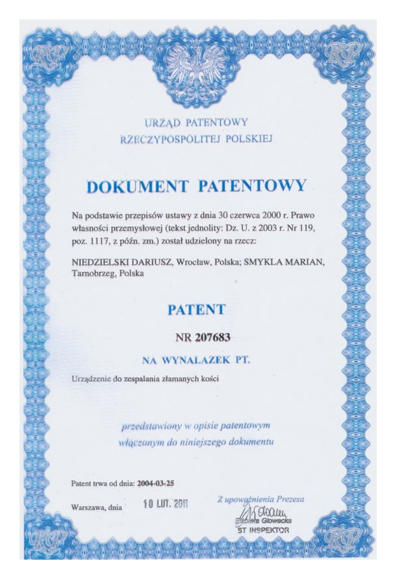 Patent nr 207683: Urządzenie do zespalania złamanych kości