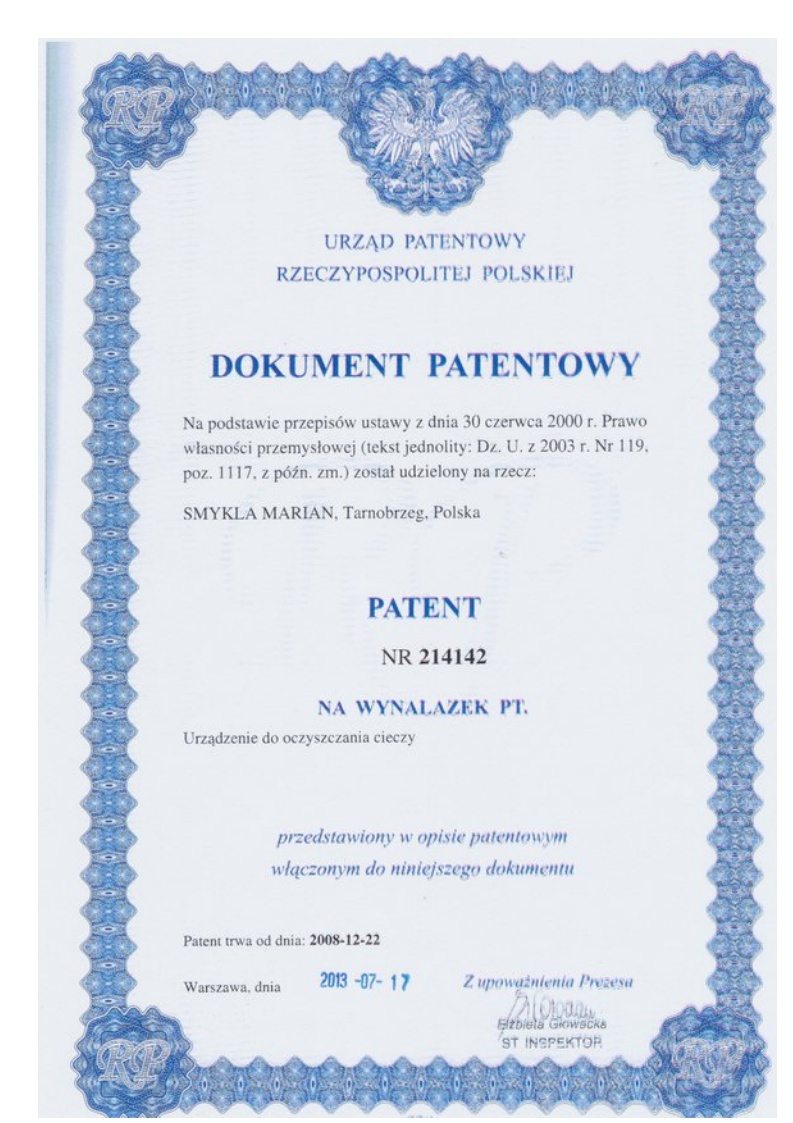 Patent nr 214142: Urządzenie do oczyszczania cieczy