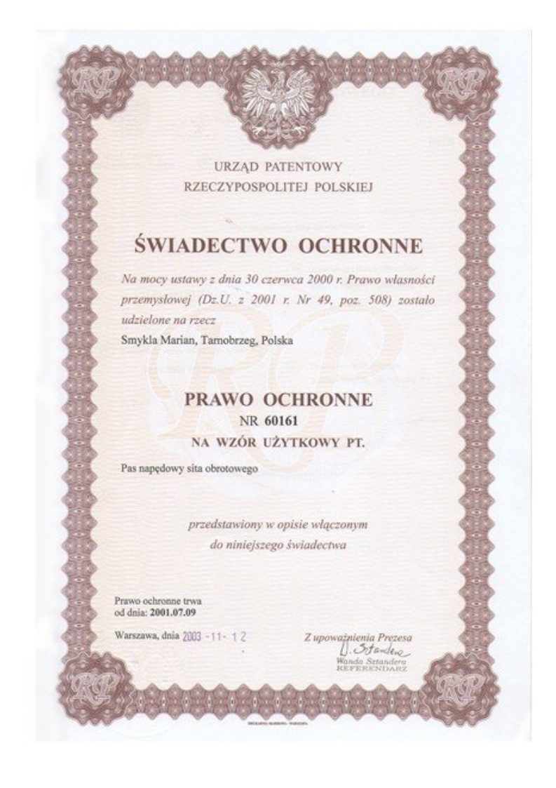 Prawo ochronne nr 60161: Pas napędowy sita obrotowego