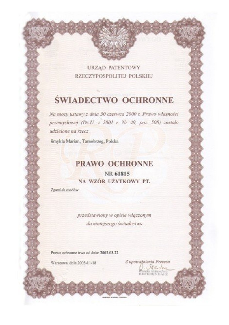 Prawo ochronne nr 61815: Zgarniak osadów