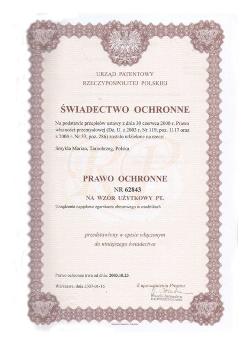 Prawo ochronne nr 62843: Urządzenie napędowe zgarniacza obrotowego w osadnikach