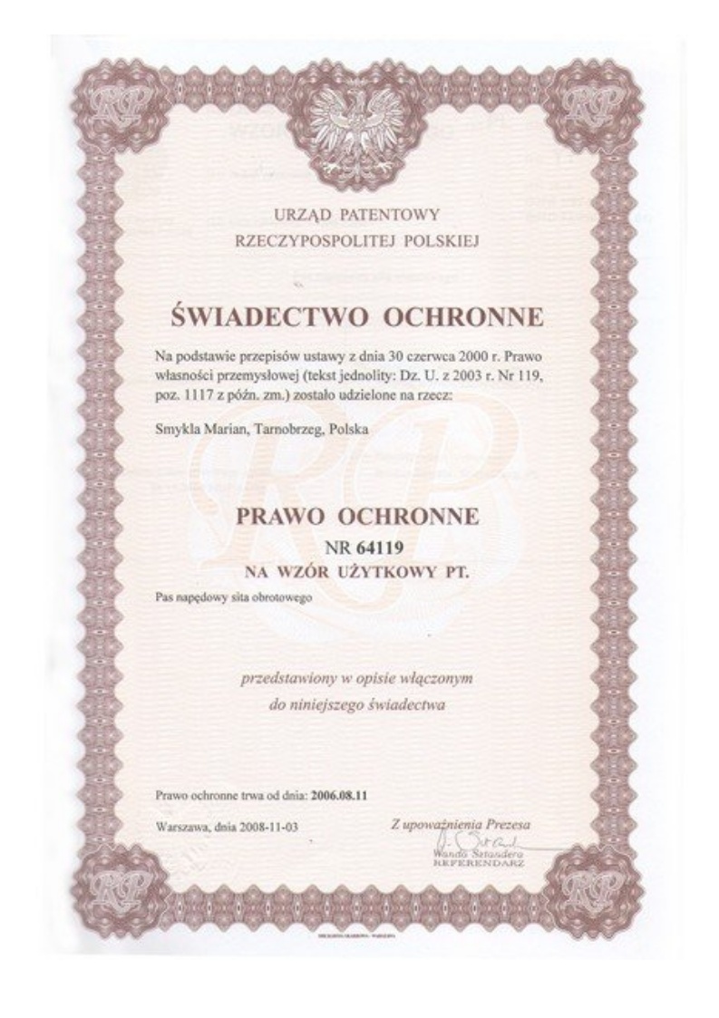 Prawo ochronne nr 64119: Pas napędowy sita obrotowego