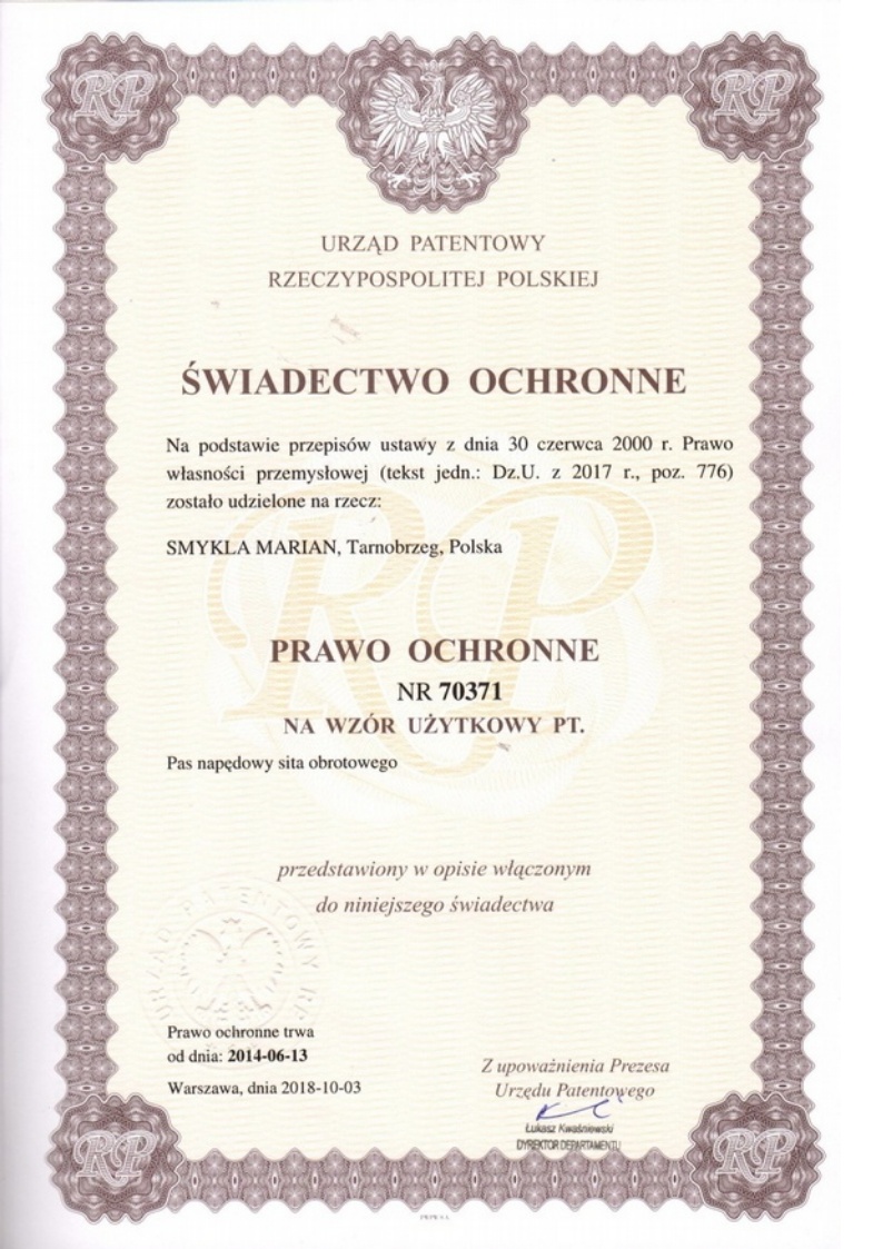 Prawo ochronne nr 70371: Pas napędowy sita obrotowego